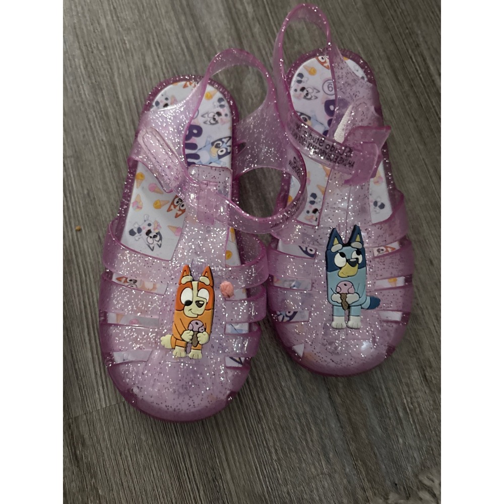 Bluey Bingo Toddler Girls Pink Glitter Jelly Sandals Size 6 Hook Loop Strap